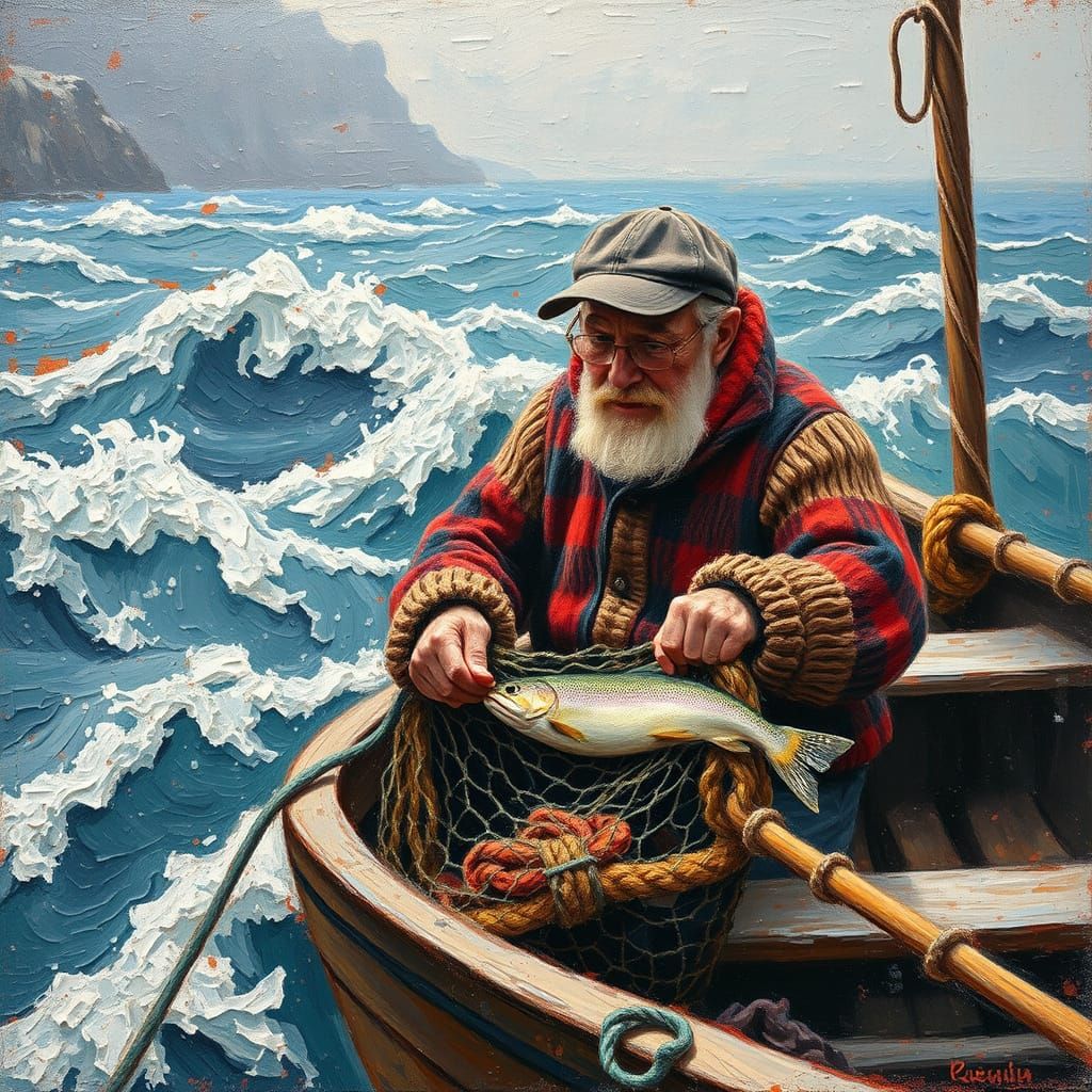 Elderly Fisherman Hauling Trout: An Impasto Oil Painting