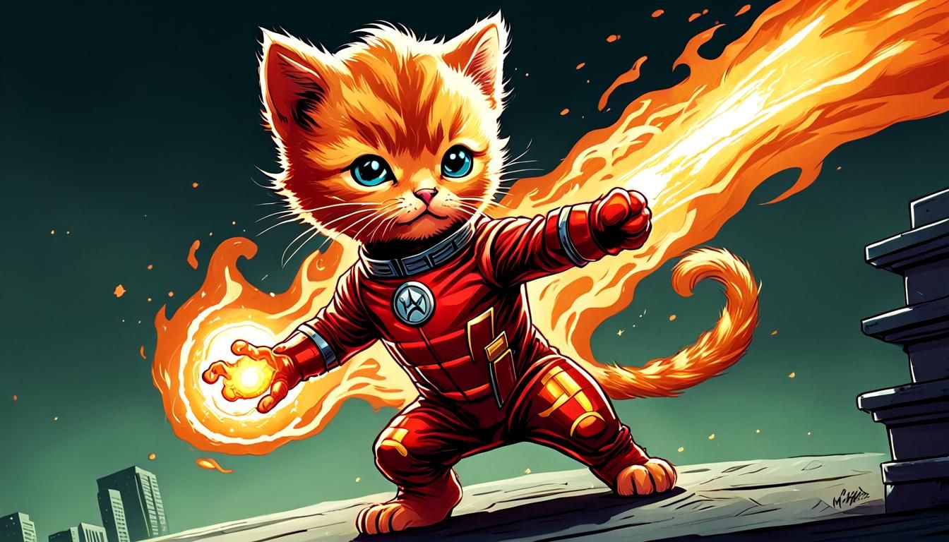 Kitten as Human Torch in Comic Book Style