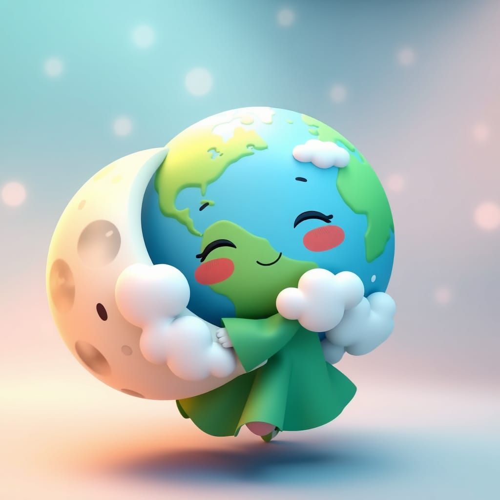Chibi Earth Hugs Moon in Kawaii Digital Art