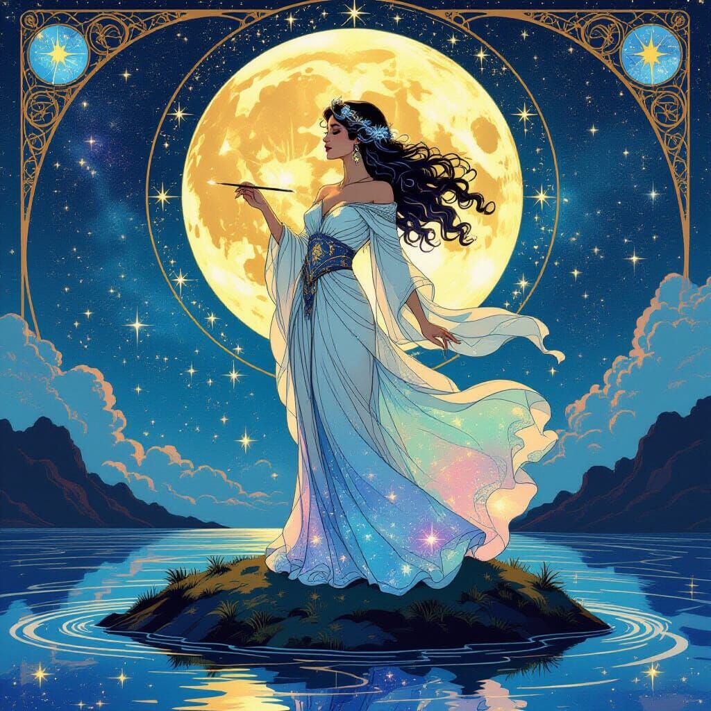 Celestial Cartographer on Nebula Island in Art Nouveau Style