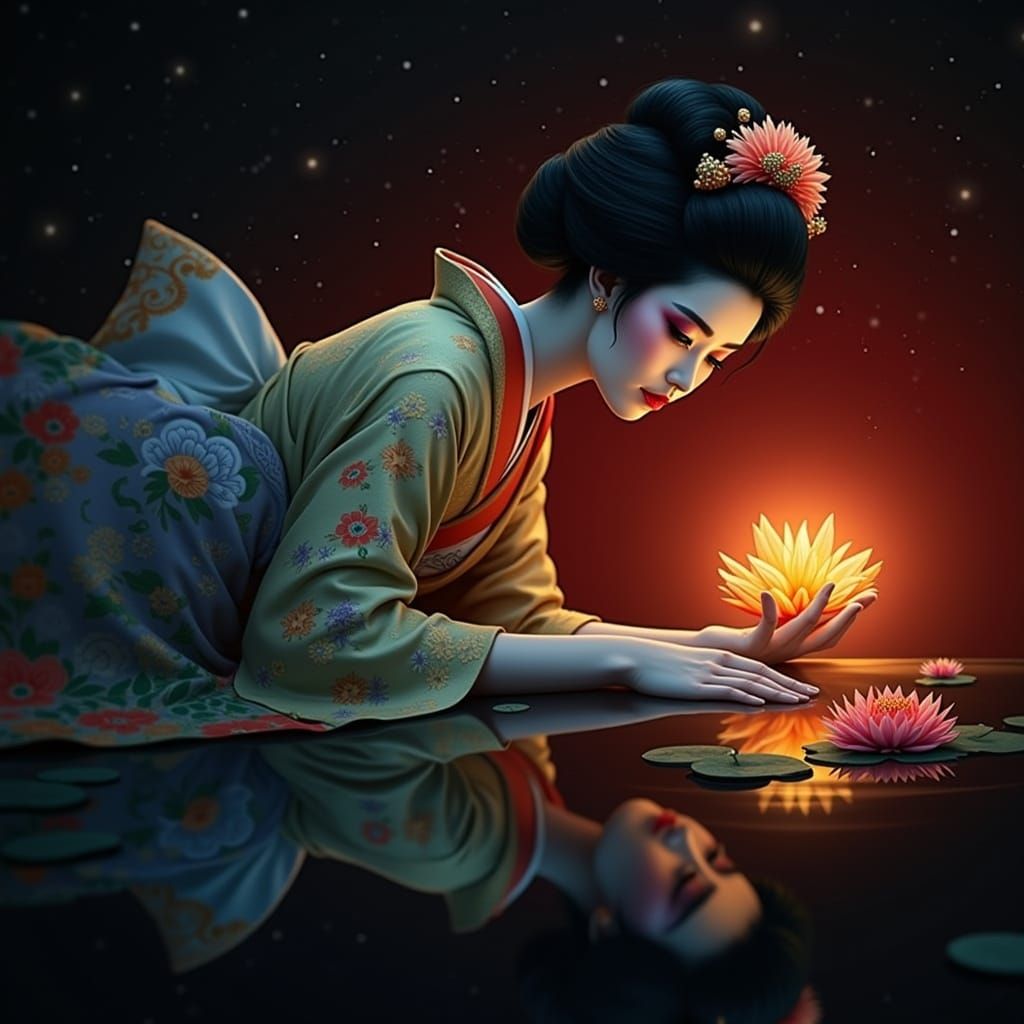 Geisha Portrait with Golden Motifs in Hyperrealistic Style