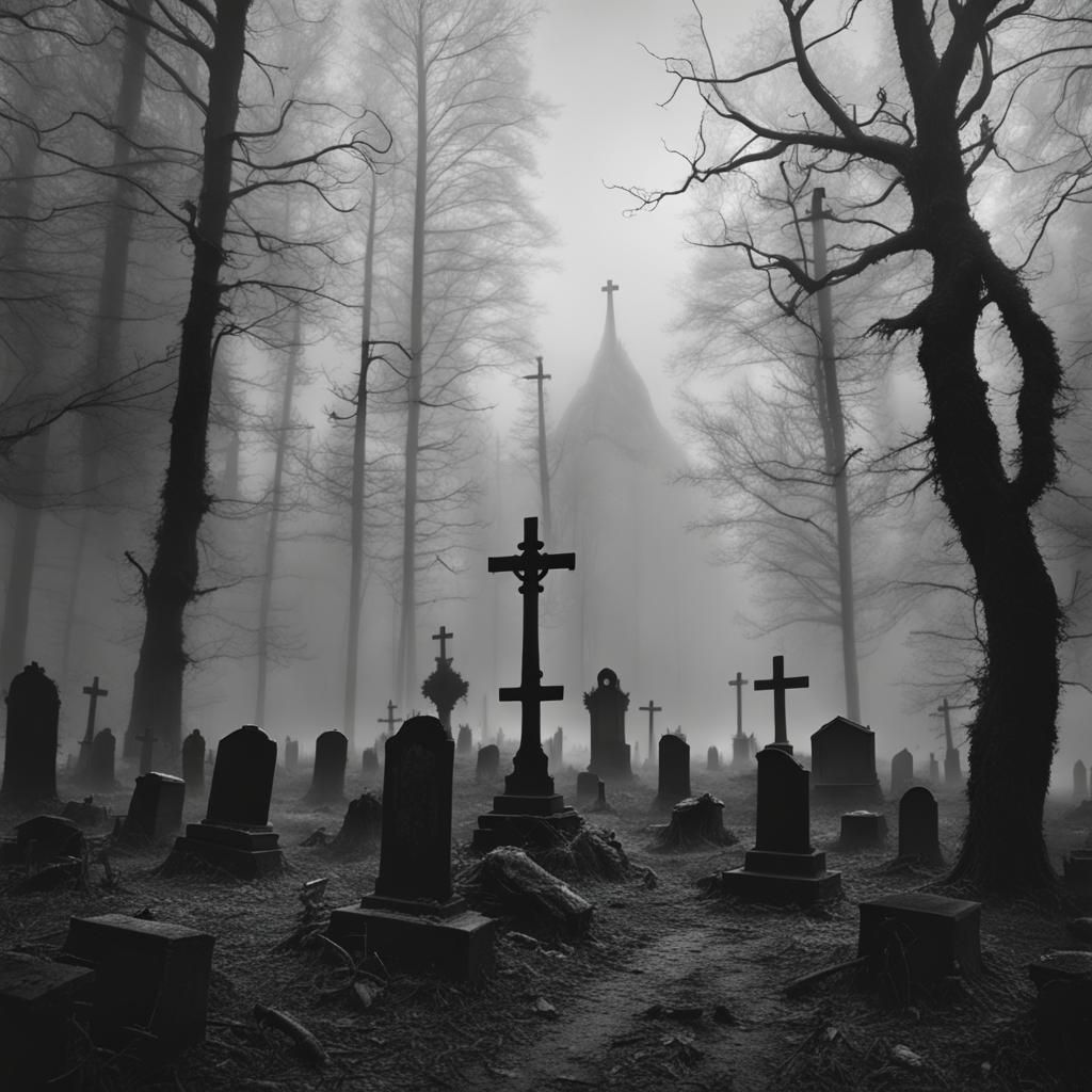 Graveyard in Dark Foggy Forest in Black and White