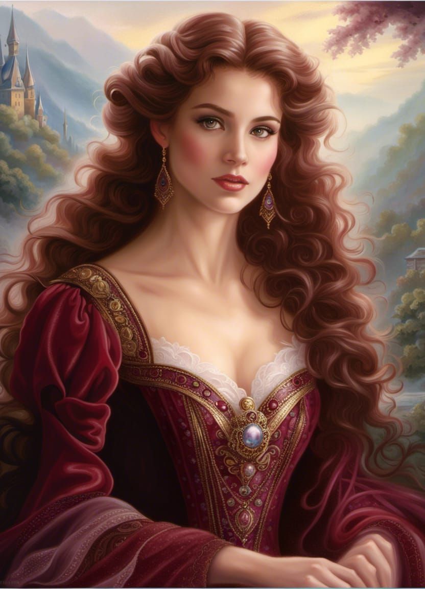 Ethereal Princess Portrait in Burgundy, Fantasy Art
