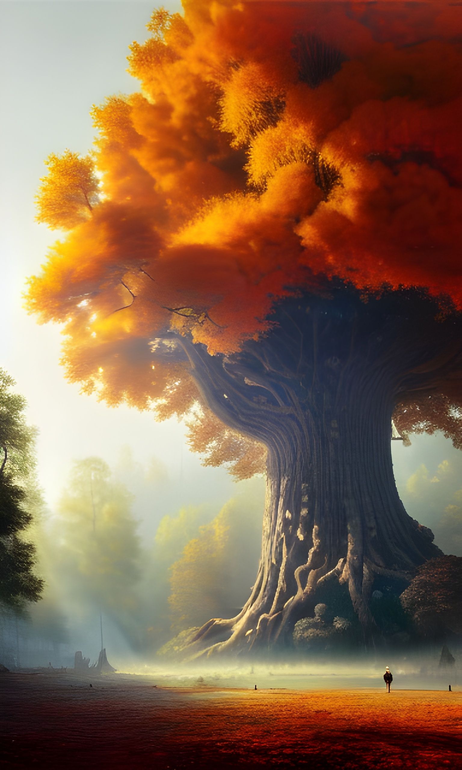 Living Oak in Extraterrestrial Cityscape, a Fantastic Painti...