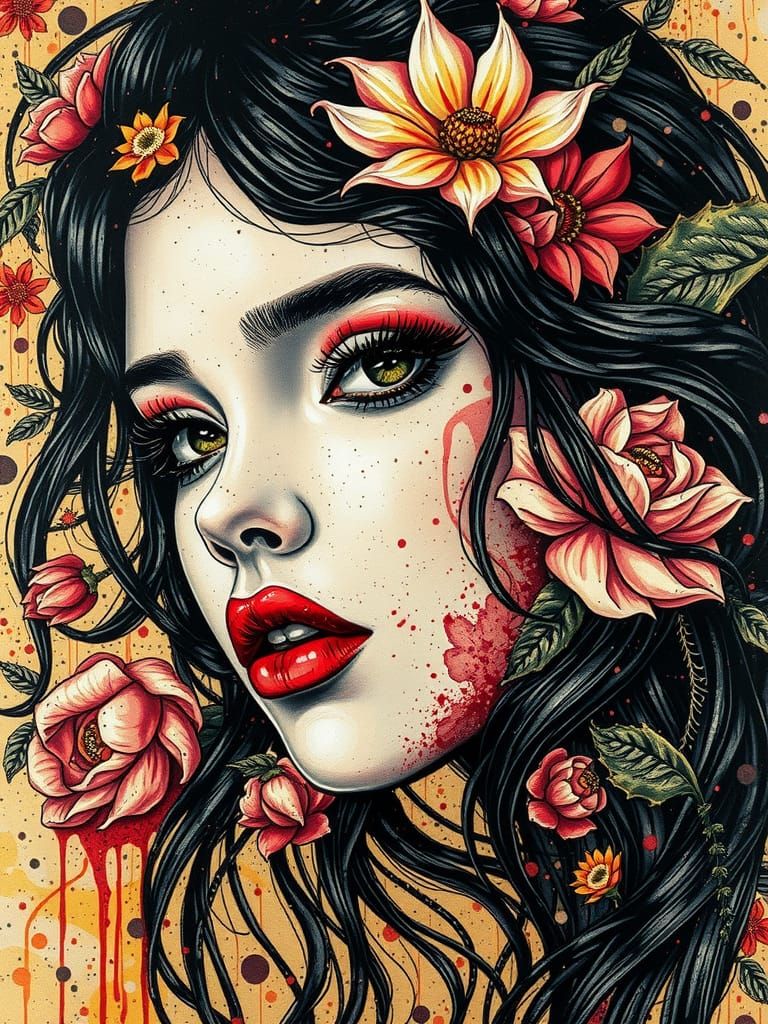 Floral Splash Art Portrait in Maximalist Style