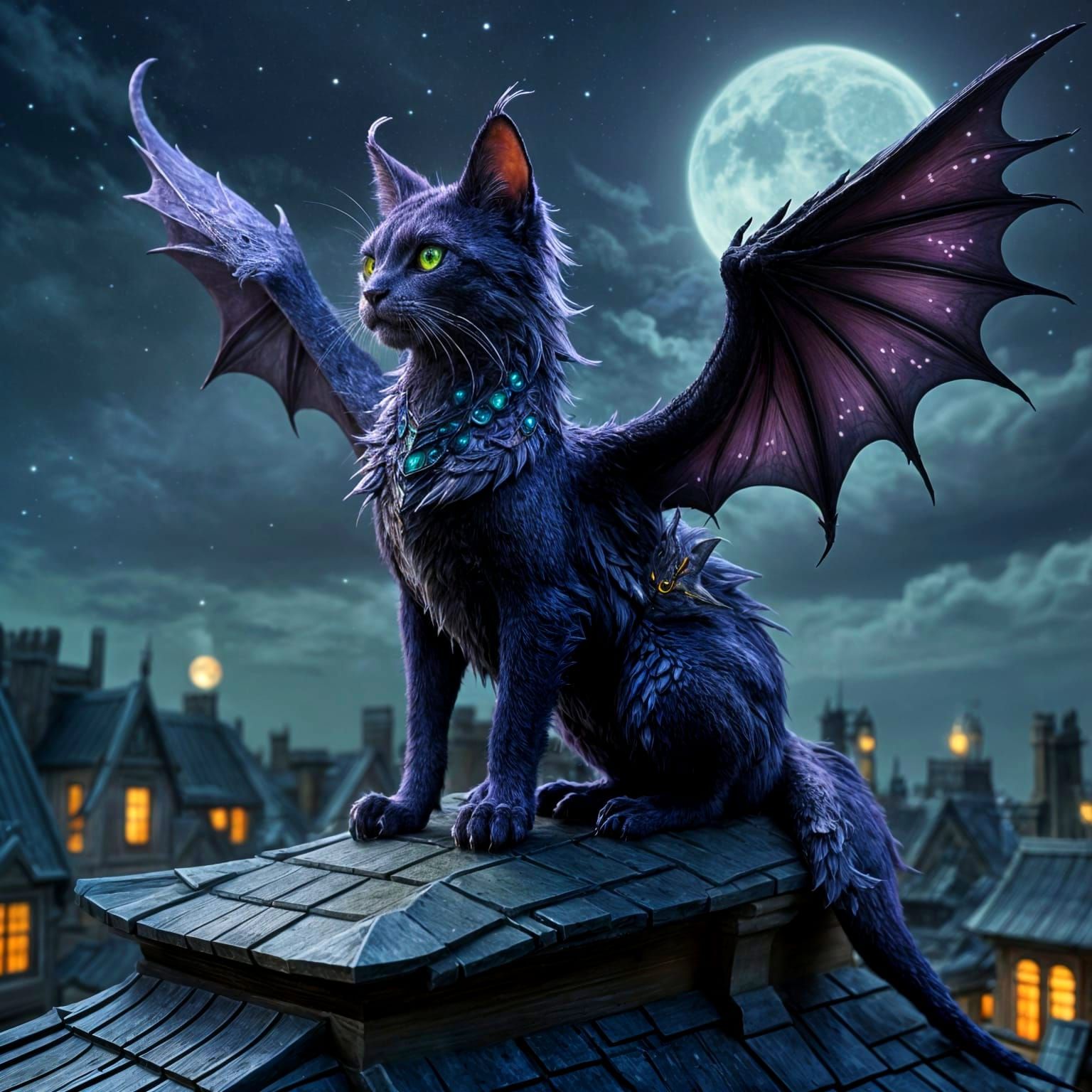Ethereal Dragon Cat Soars Under Full Moon