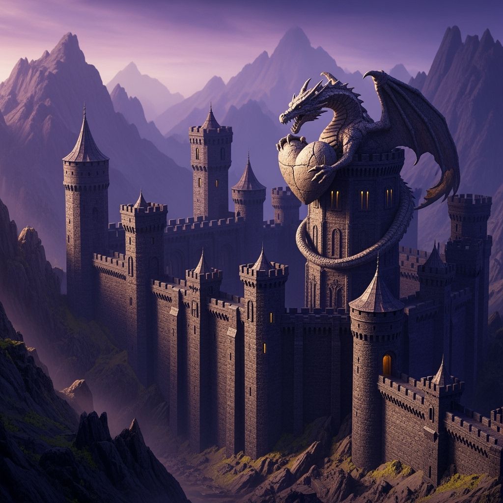 Epic Gothic Castle with Stone Dragon, Dark Fantasy Art