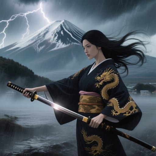 Elegant Woman with Katana in Storm, Cinematic Style
