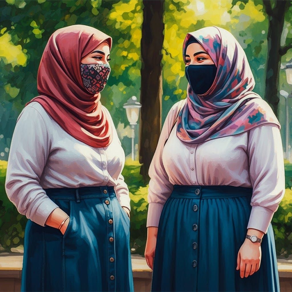 Colorful Watercolor Portrait of Two Women in Hijab