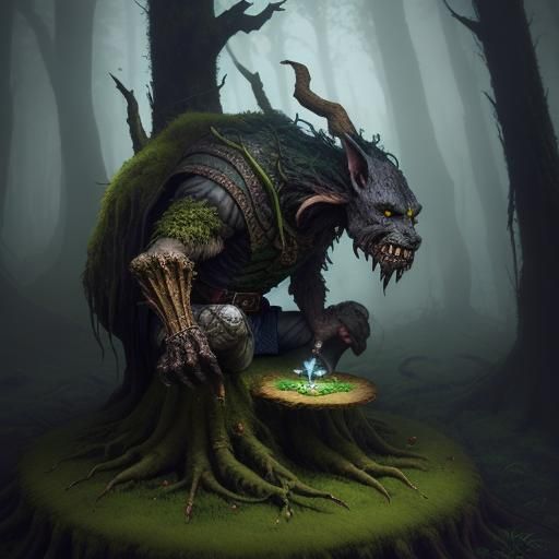 Hobgoblin in Misty Forest: Dark Fantasy Illustration