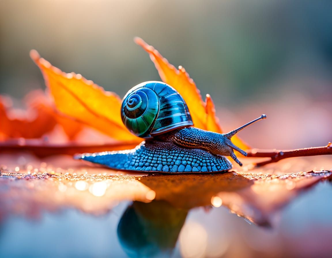 Iridescent Snail on Maple Leaf: Macro Photography
