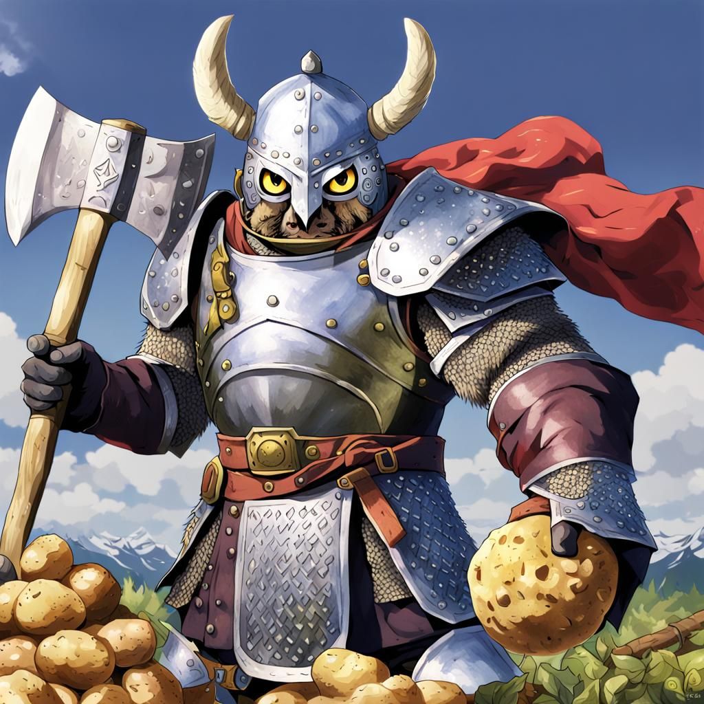 Potato-Headed Viking Warrior with Axe in Anime Style