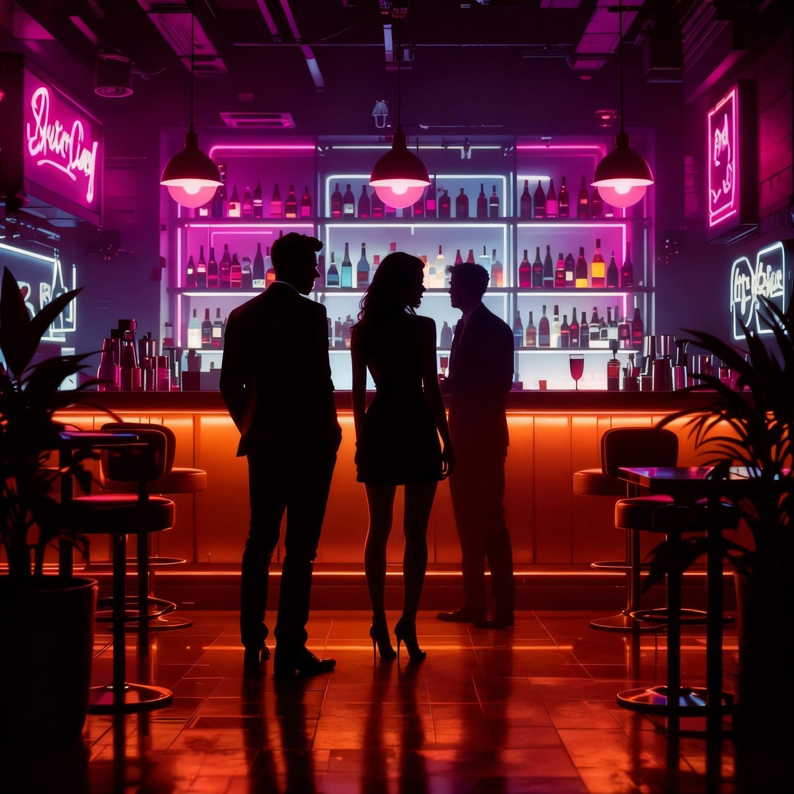 Silhouettes of Three People in a Trendy Bar