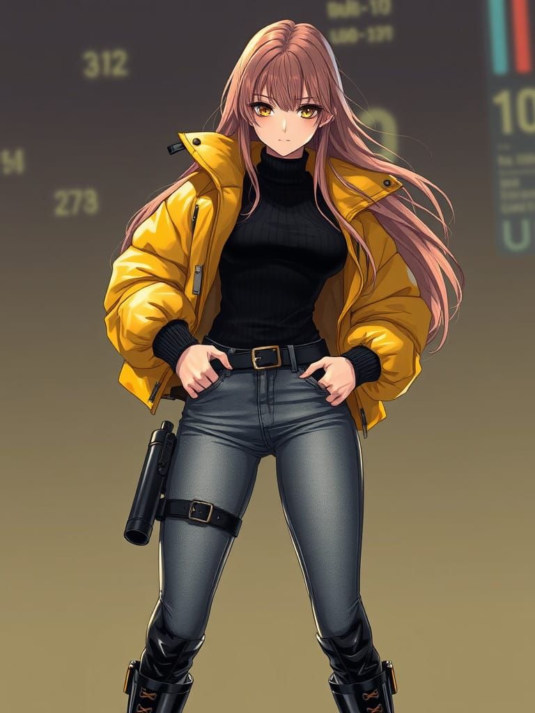Kawaii Cyberpunk Chica in Yellow Puffer Jacket