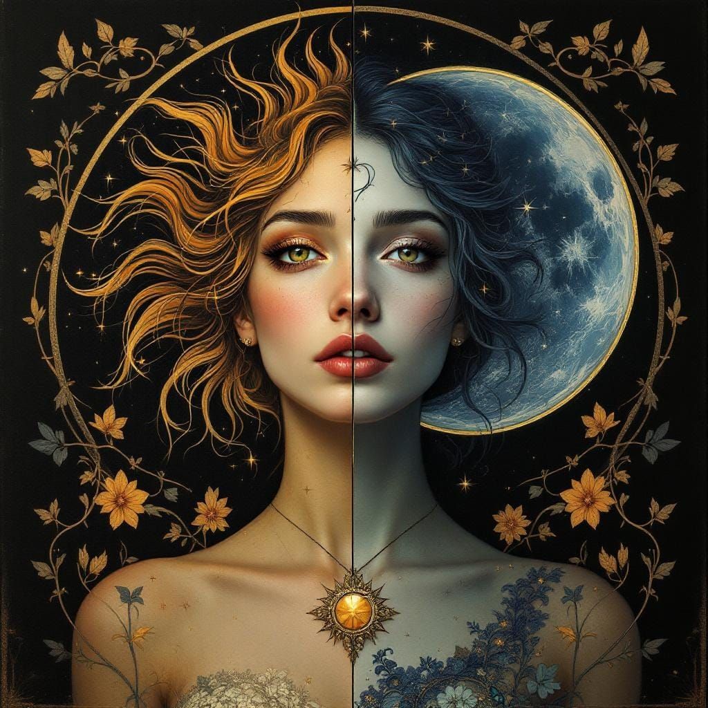 Art Nouveau Portrait of Duality in Mucha Style