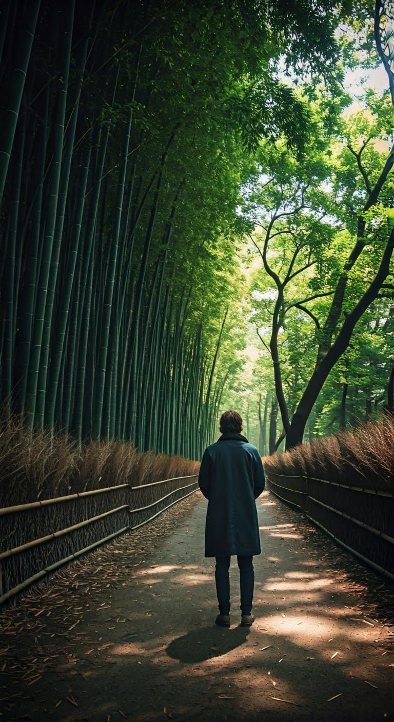 Serene Figure Amidst Majestic Bamboo Trees in Soft, Cinemati...