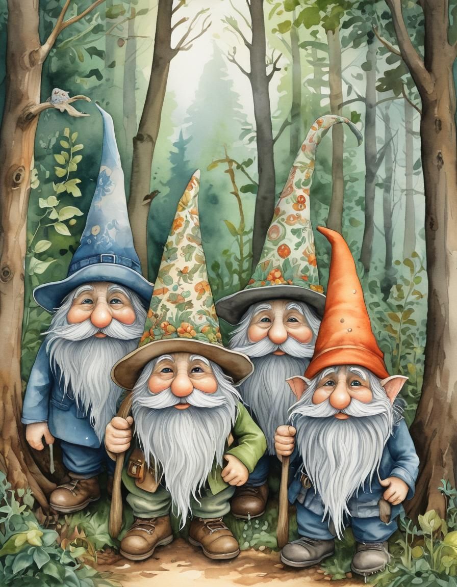 Whimsical Gnomes in Woodland Watercolor Illustration