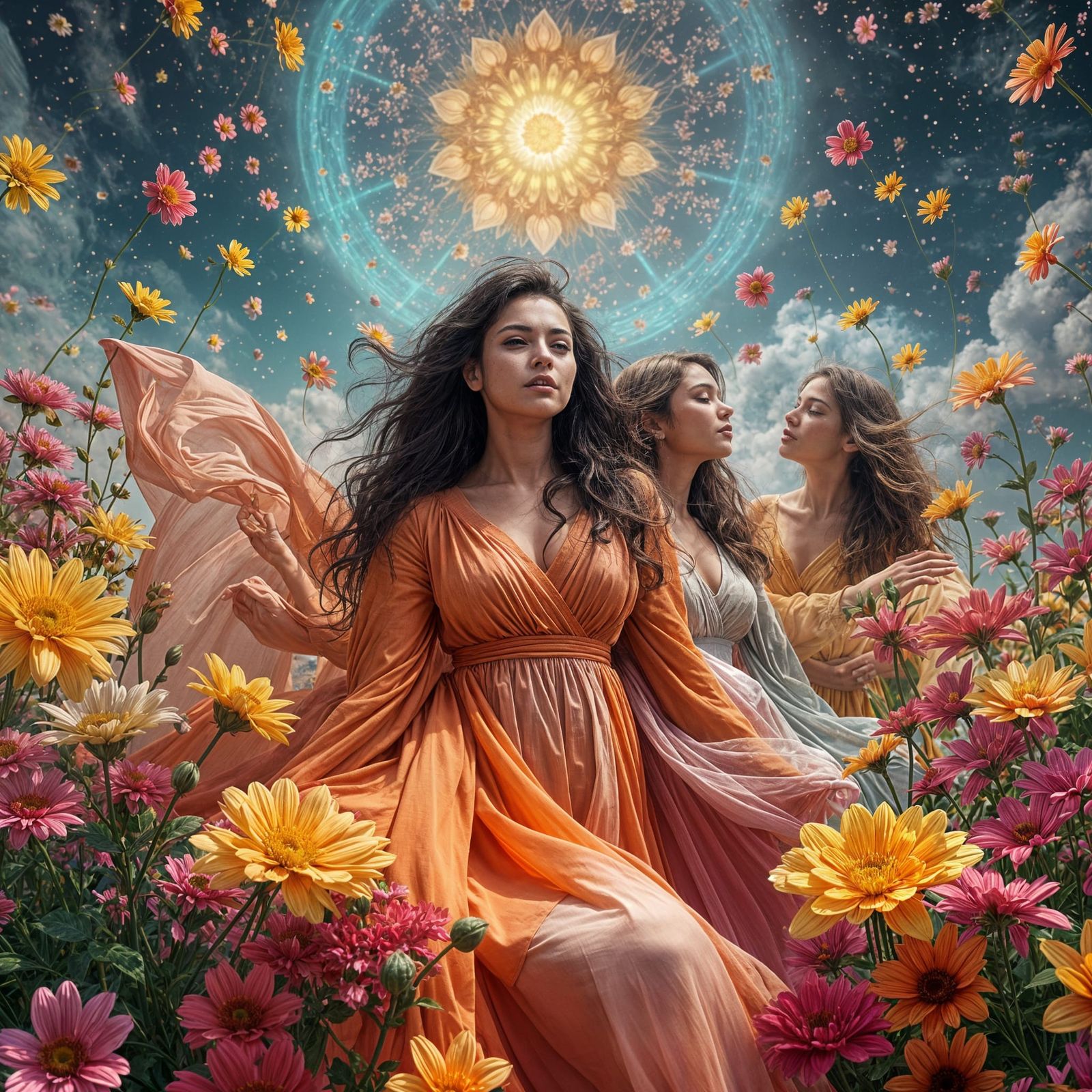 Celestial Women Surrounded by Flowers in 3D Space