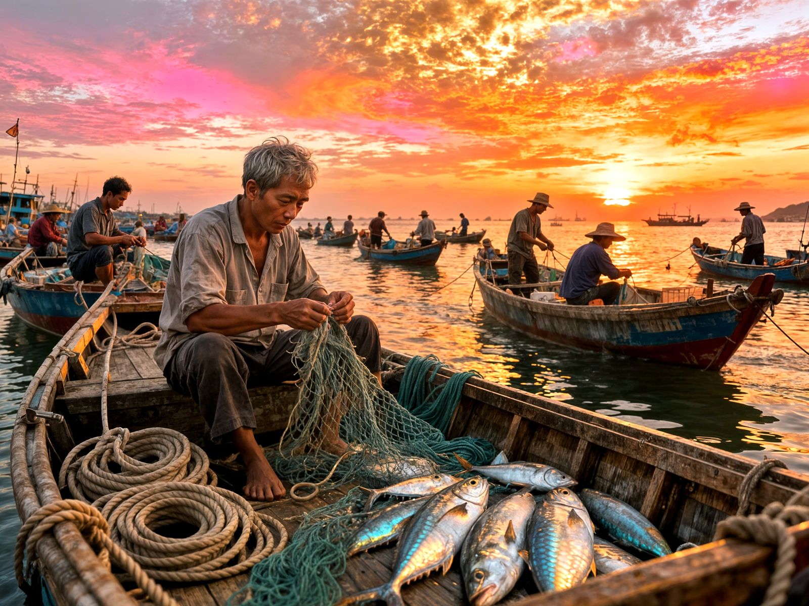 Asian Fishing Harbor at Sunset with Fishermen
