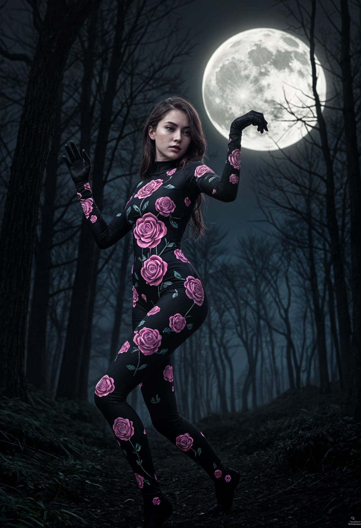 Neon Noir: Woman Dancing in Forest Moonlight