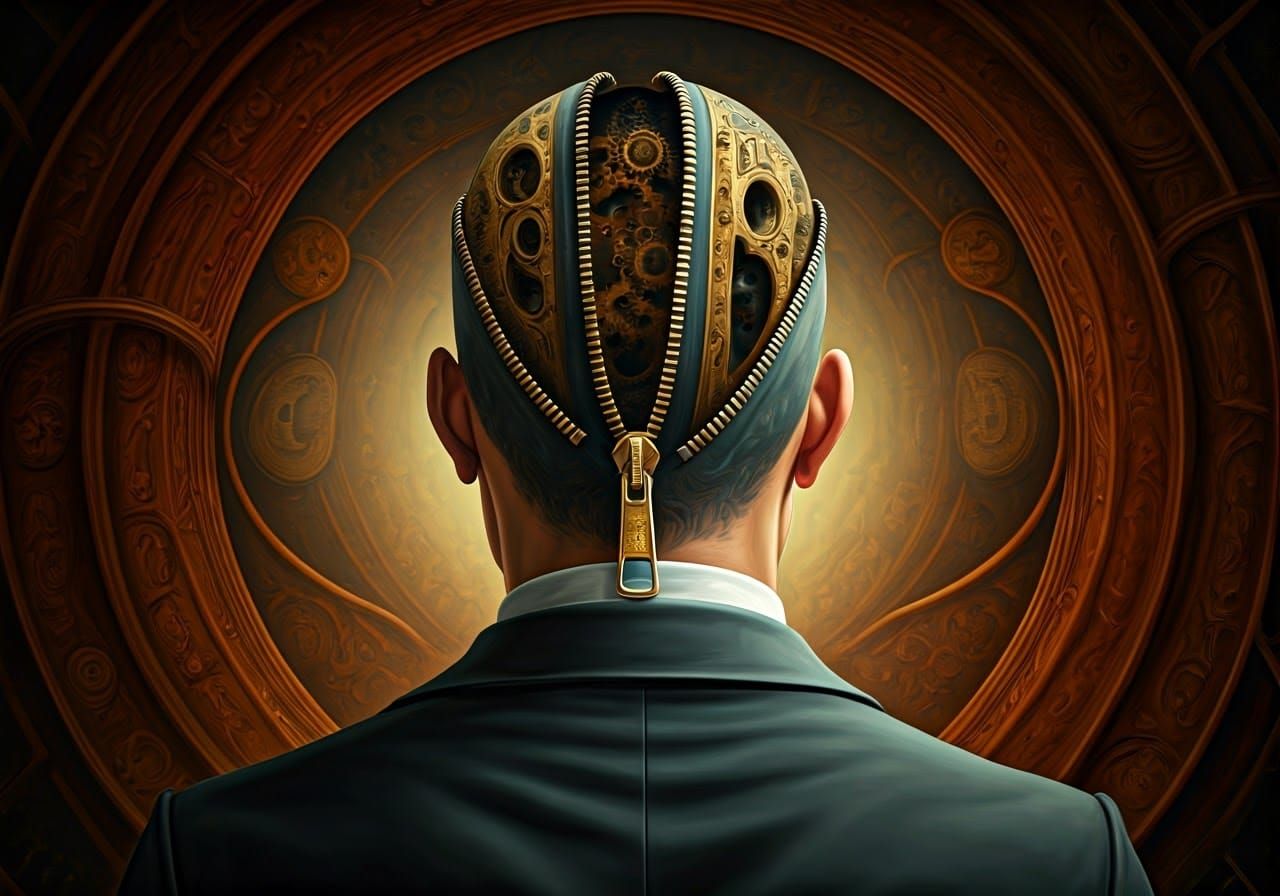 Epic Surrealist Oil Painting of Man with Unveiled Mind