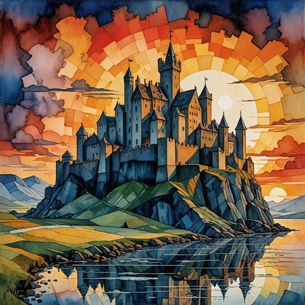 Surreal Watercolour Fortress at Sunset