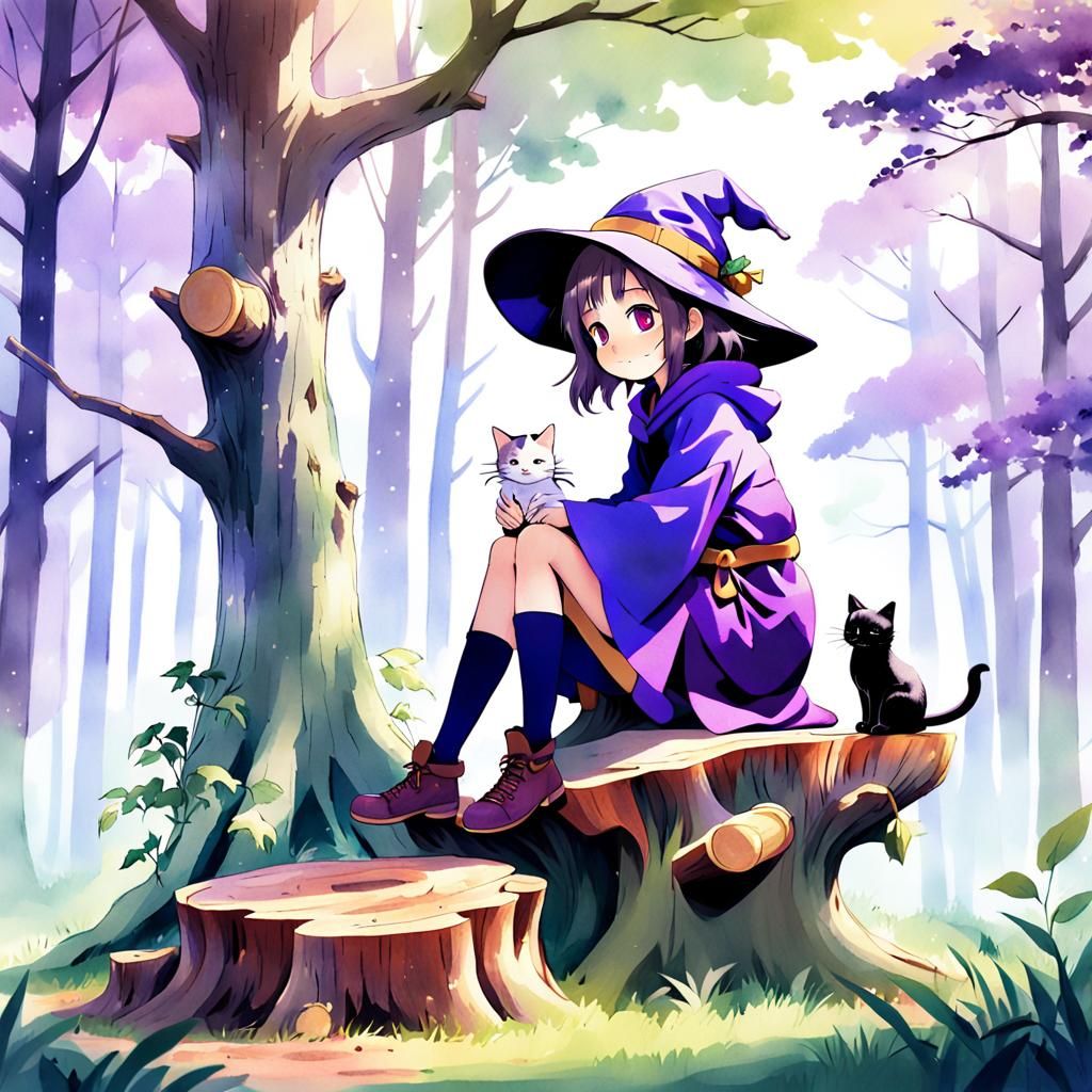Anime Witch in Forest, Watercolor Style