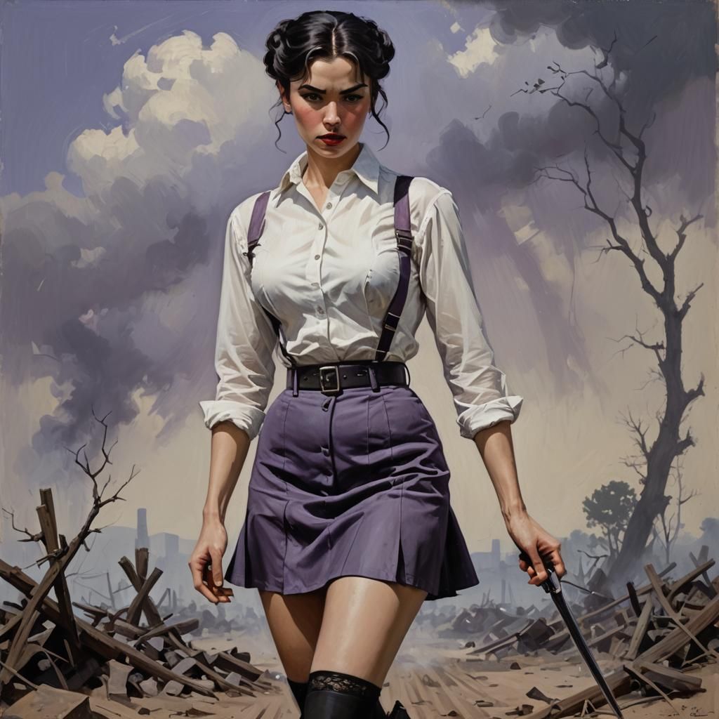 Woman on Battlefield, Oil Painting in Gurney Style