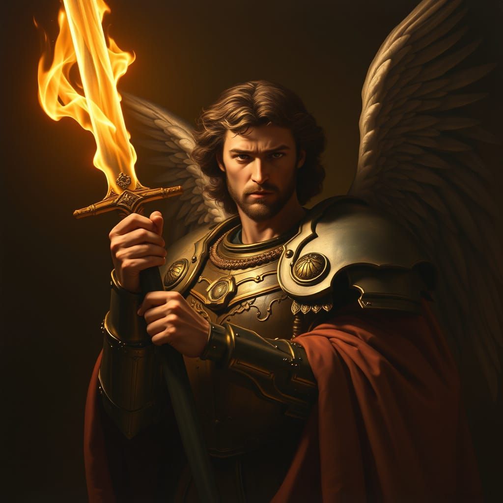 Hyper-Realistic Saint Michael Wields Sword of Flames in Dram...