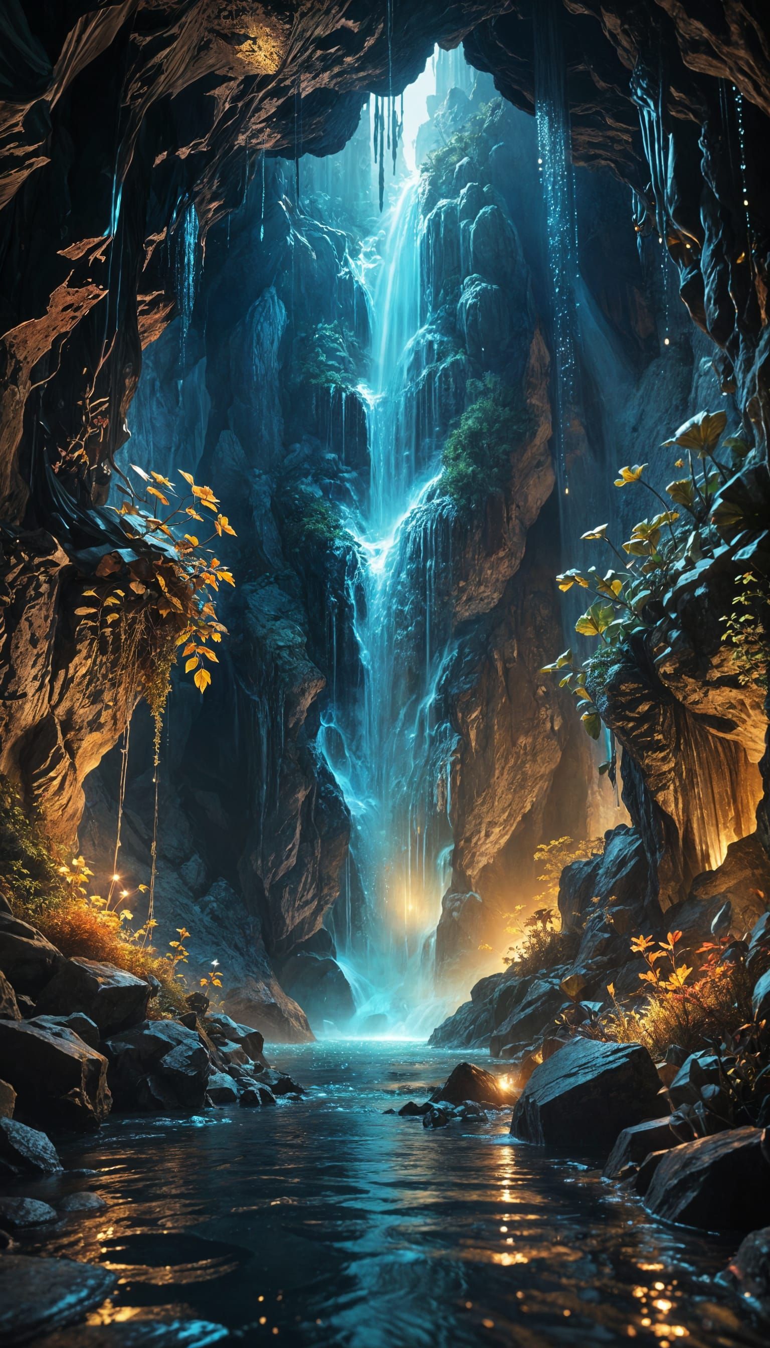 Hidden Waterfall in Crystalline Cave: Splash Art