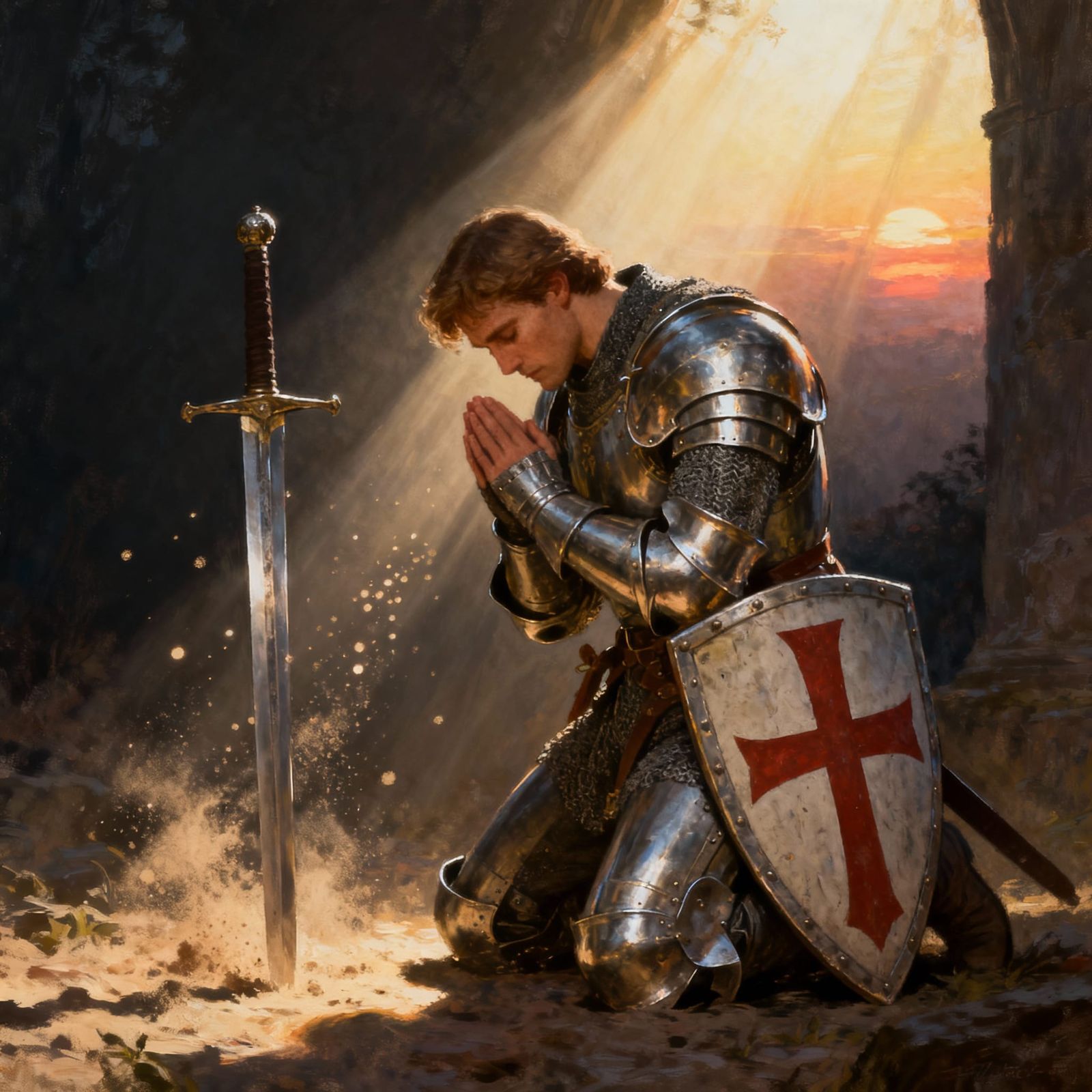 Knight in Prayer with St. George Cross Shield