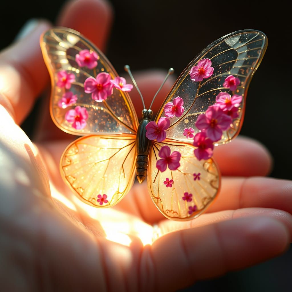 Glass Butterfly with Cherry Blossoms and Golden Veins