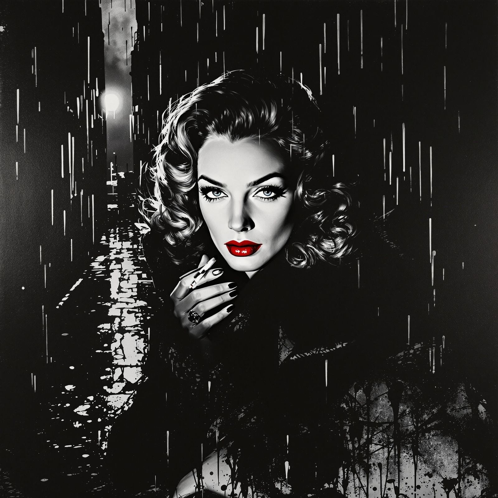Noir Seductress in Rain-Soaked Alley