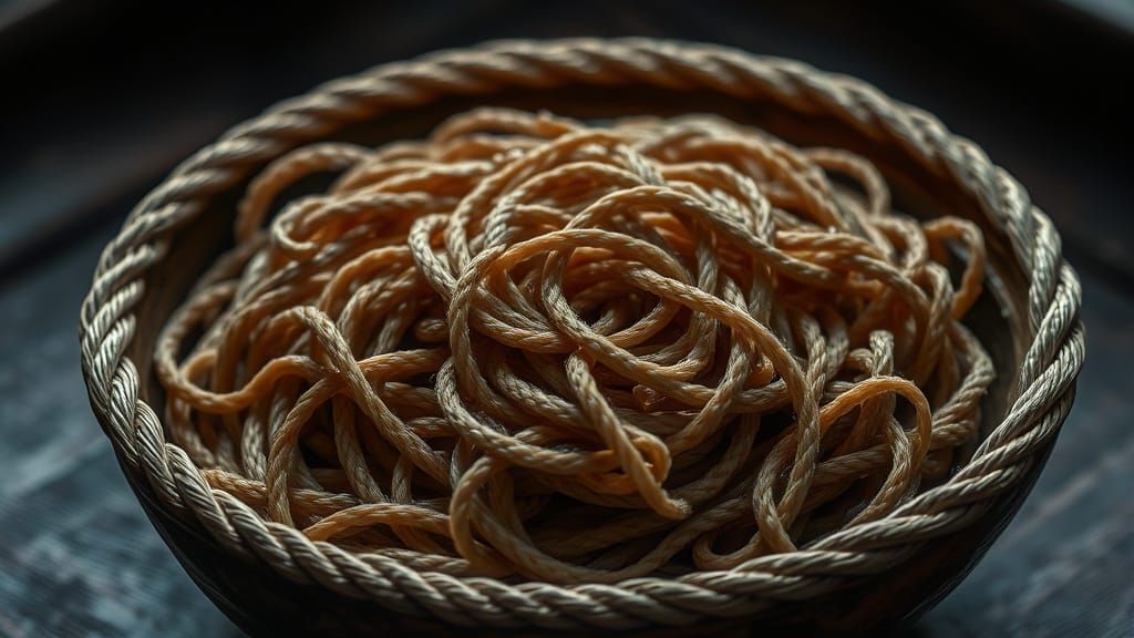 Hyperrealistic Rope Noodle Bowl in Dystopian Sci-Fi Style