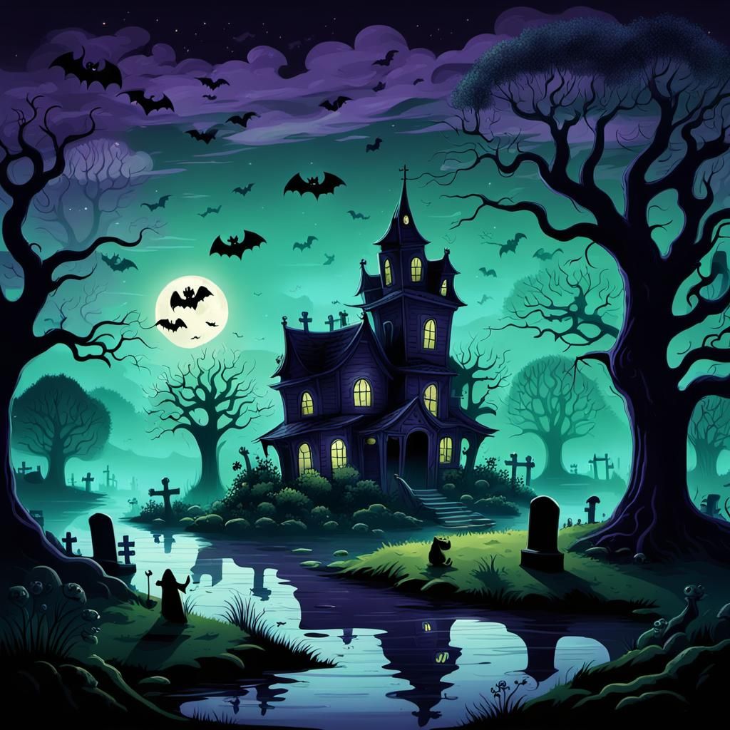 Eerie Ghostly Scenery in Whimsical Halloween Style