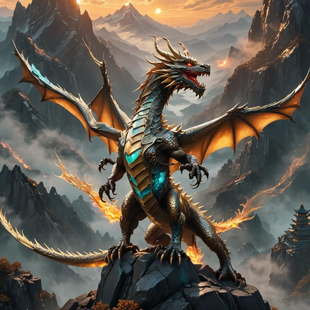 Golden Silver Dragon on Misty Mountain: 3D Render