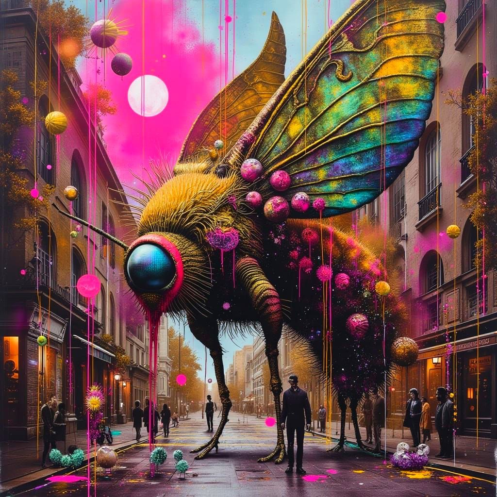 Gigantic Moth Caterpillar in Surreal Dystopian Townscape