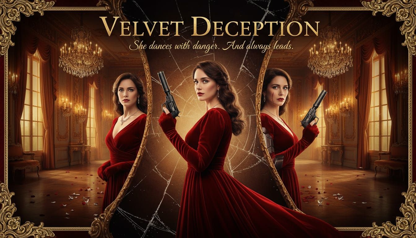 Glamorous Woman in Red Dress with Pistol, Dual Identity Refl...