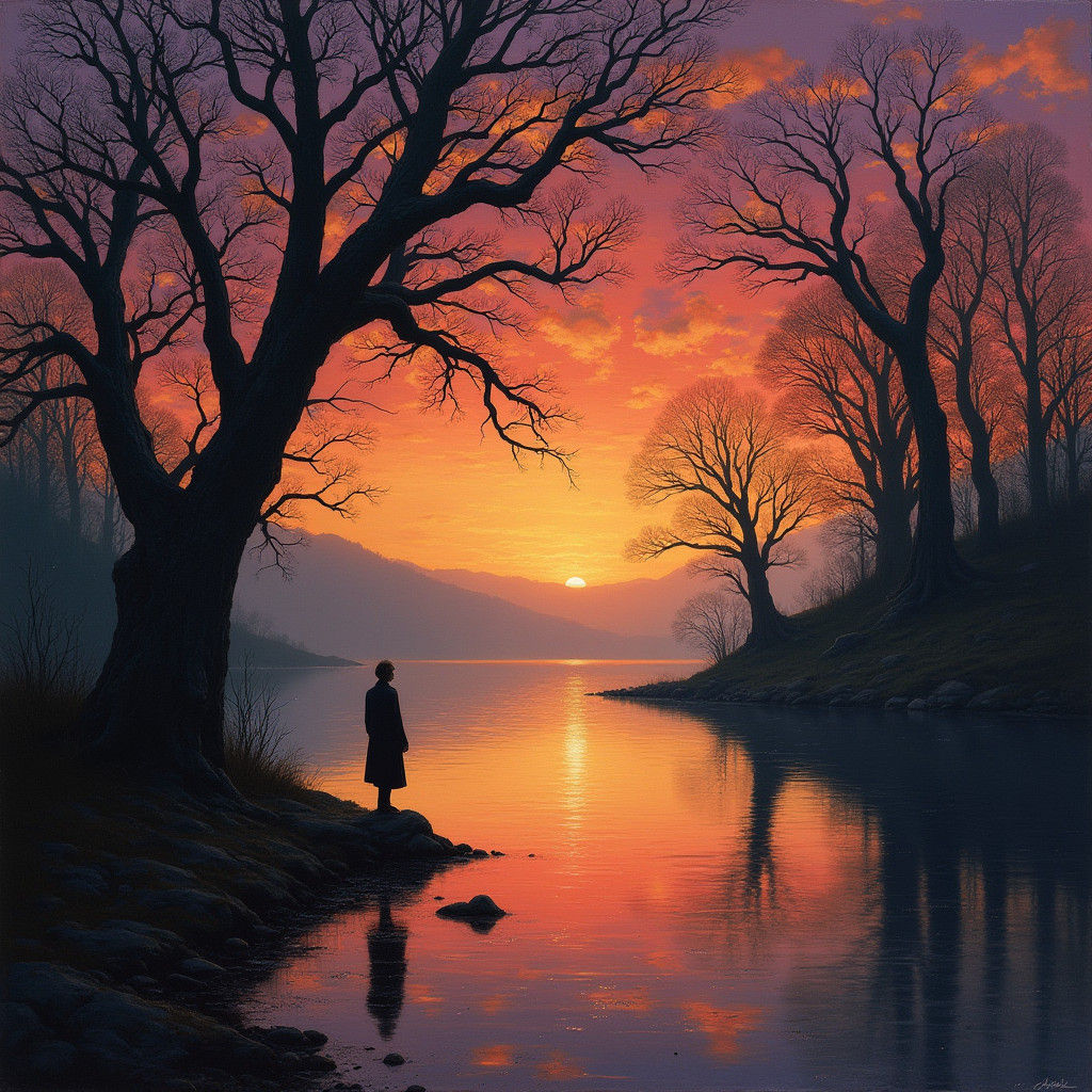Lake Sunset Landscape in Romantic Style
