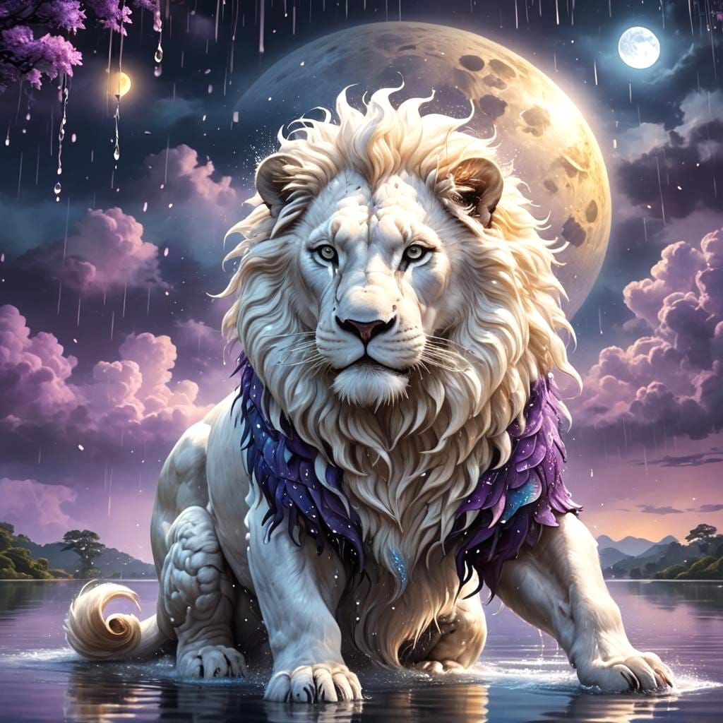 White Lion Dancing in the Rain