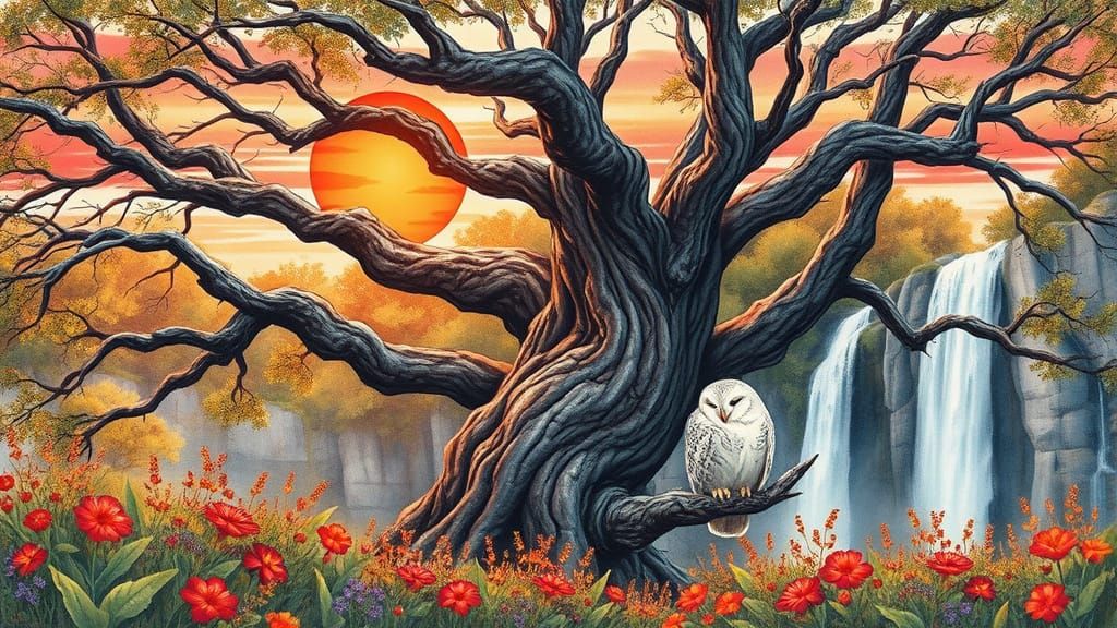 Watercolor Oak Tree, Waterfall, Owl, and Sunset