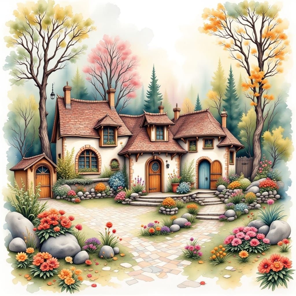 Whimsical Watercolor Village in Wet-on-Wet Style