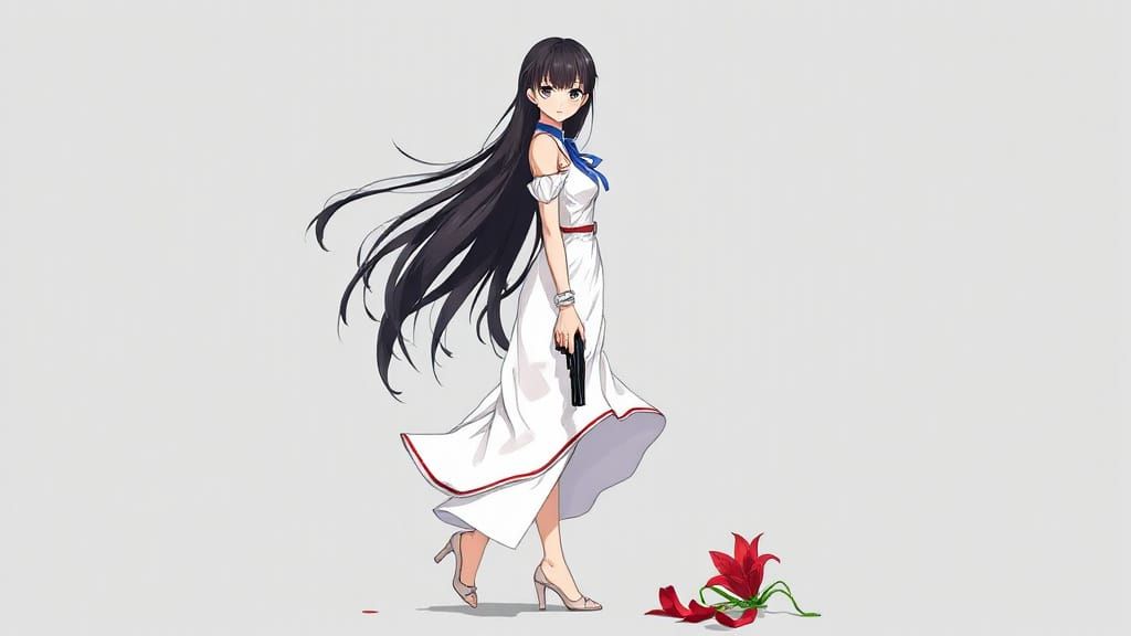 Girl with Bloody Handgun and Spider Lily
