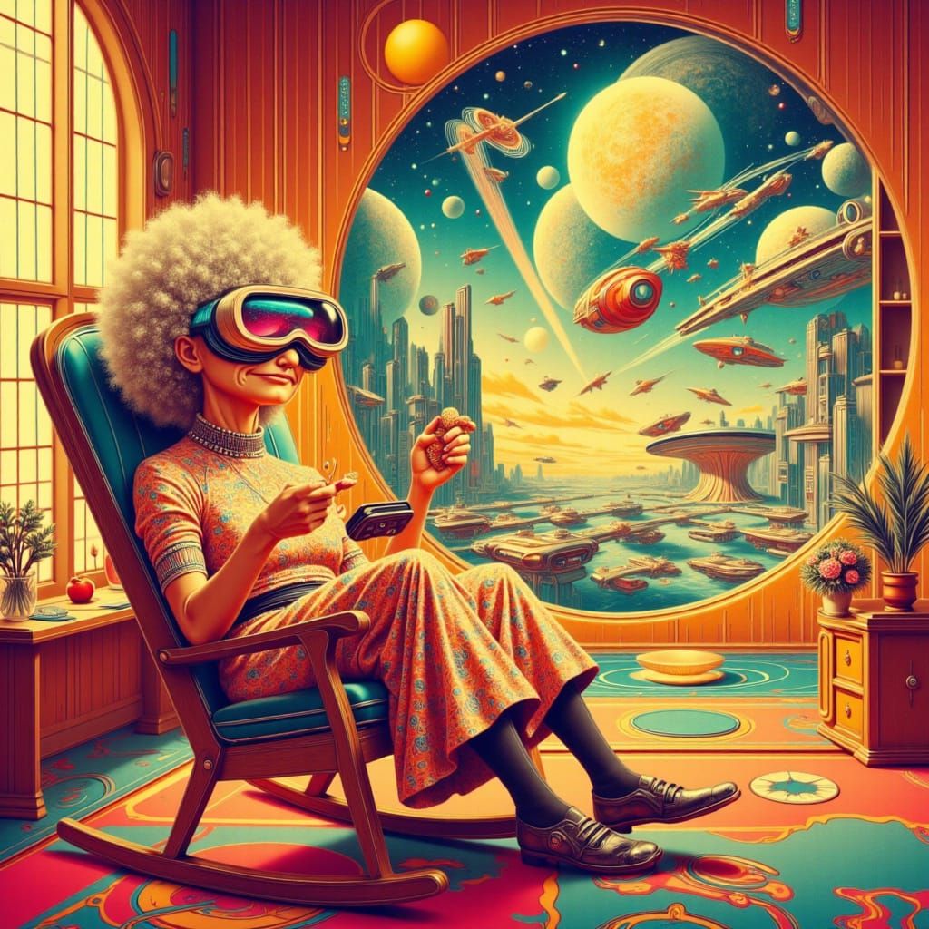 Golden Grandma in Retro-Futuristic VR Wonderland
