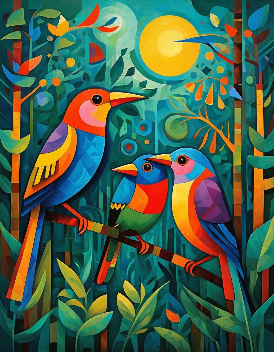 Colorful Birds in Jungle, Cubist Geometric Fauvism
