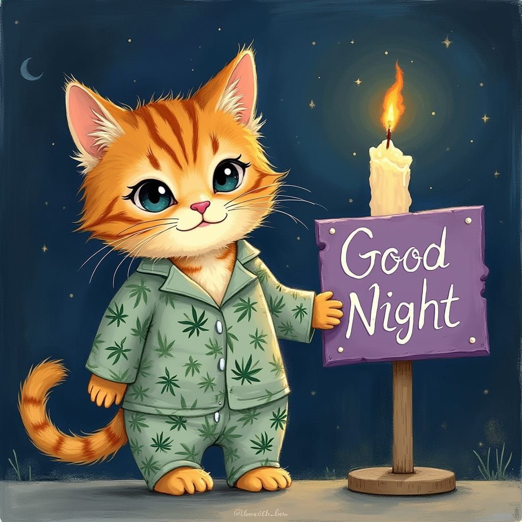 Playful Kitten in Pajamas with 'Good Night' Sign
