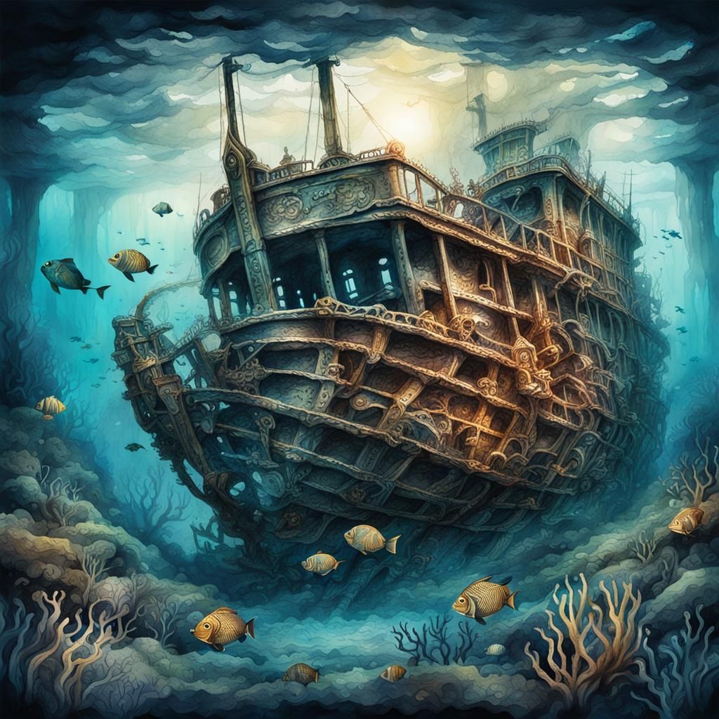 Underwater Shipwreck in Watercolour Ink Art Style