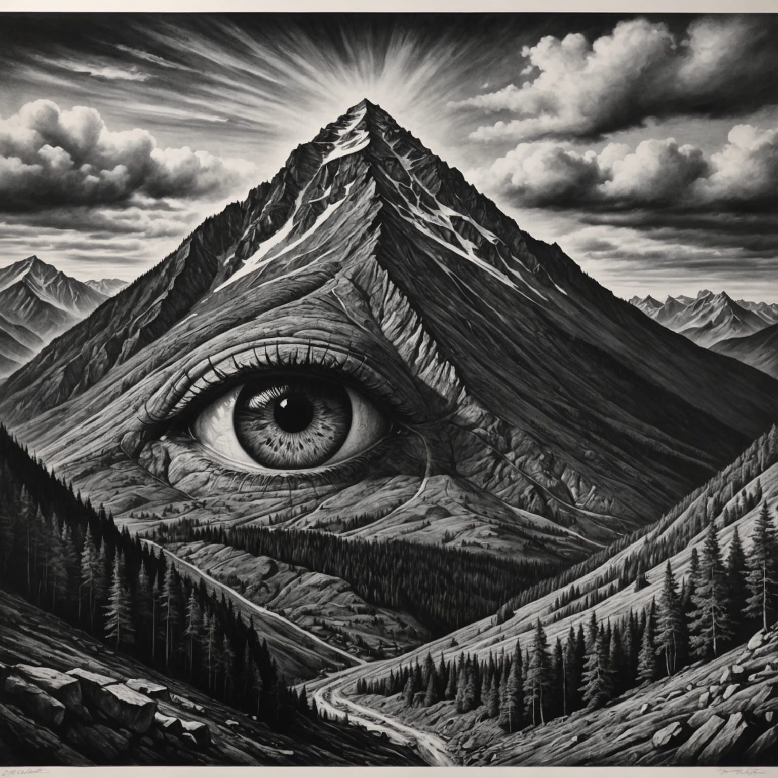 Hyperdetailed Charcoal Drawing of a Mountain Eye