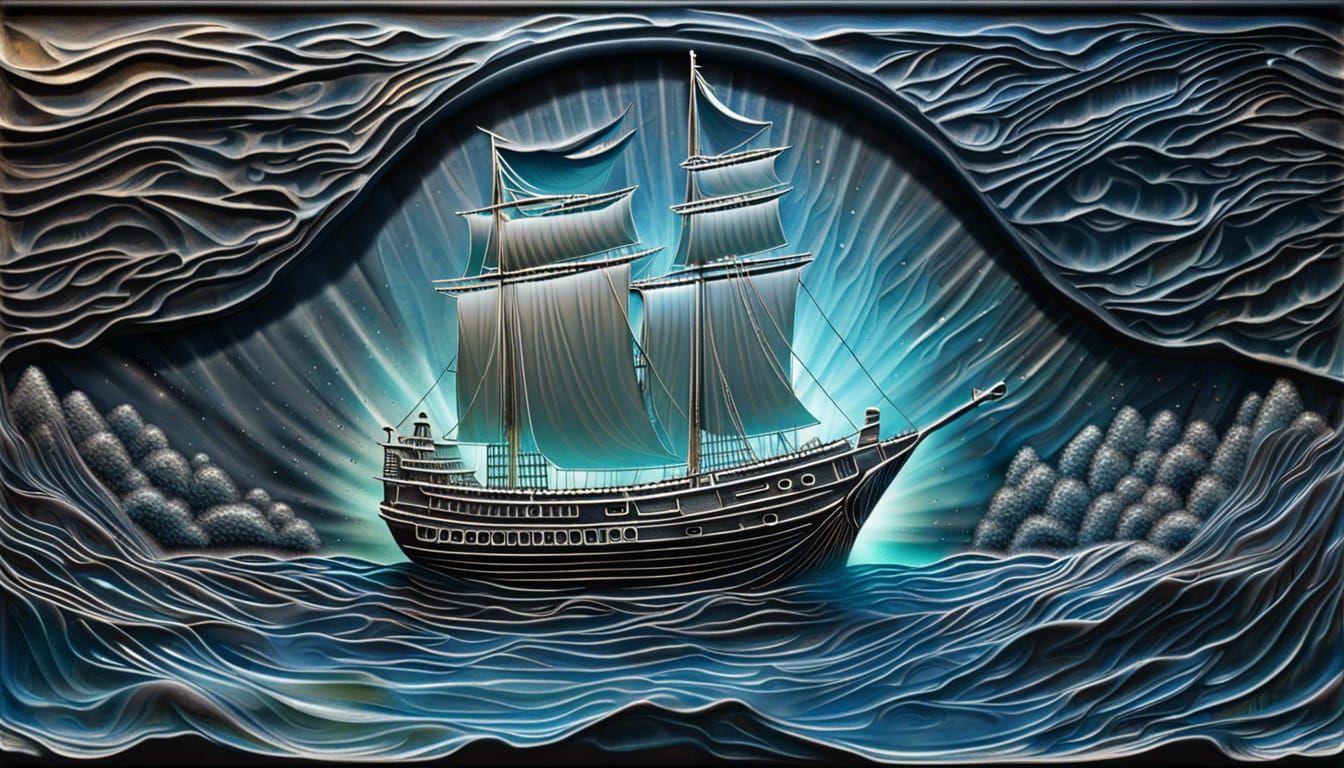 Moonstone Glass Ship Bas-Relief: Abstract Night Sea