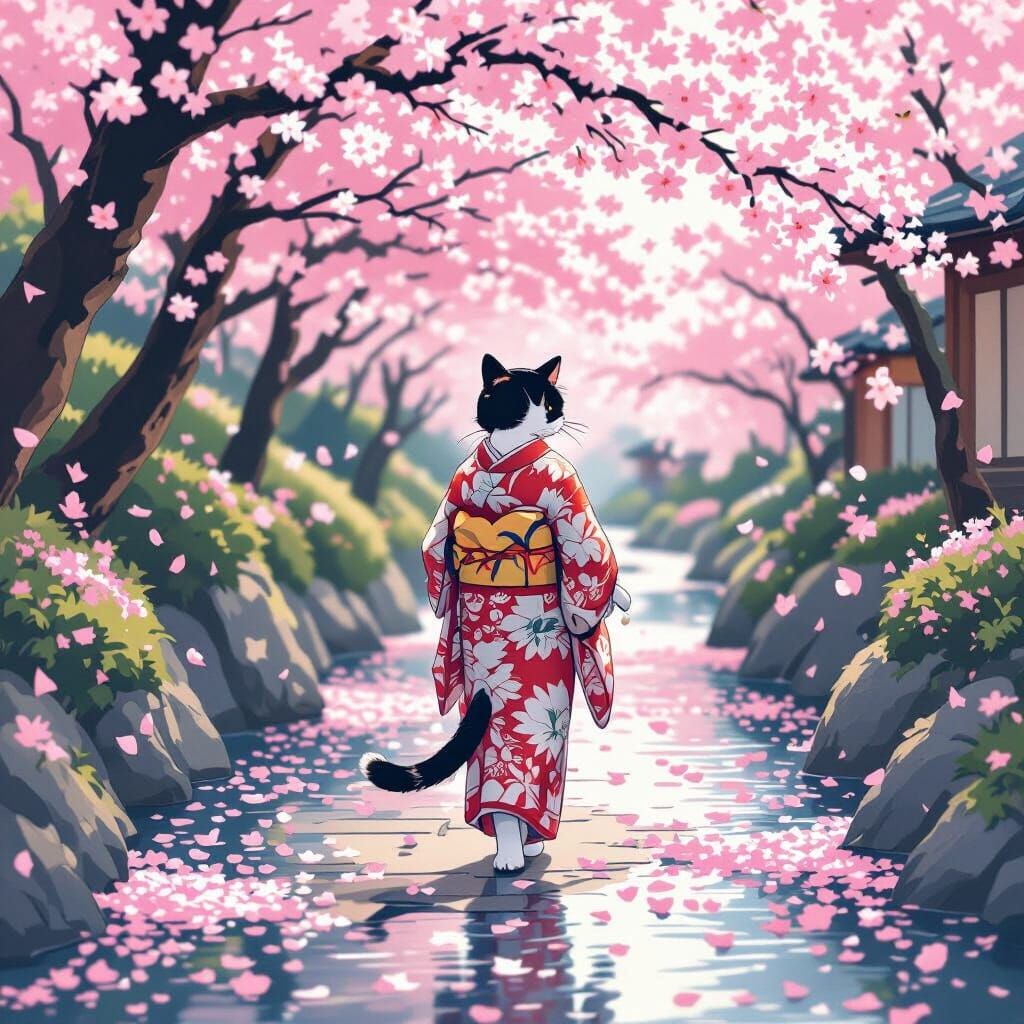 Cat in Kimono Walks Cherry Blossom Path in Ukiyo-e Style